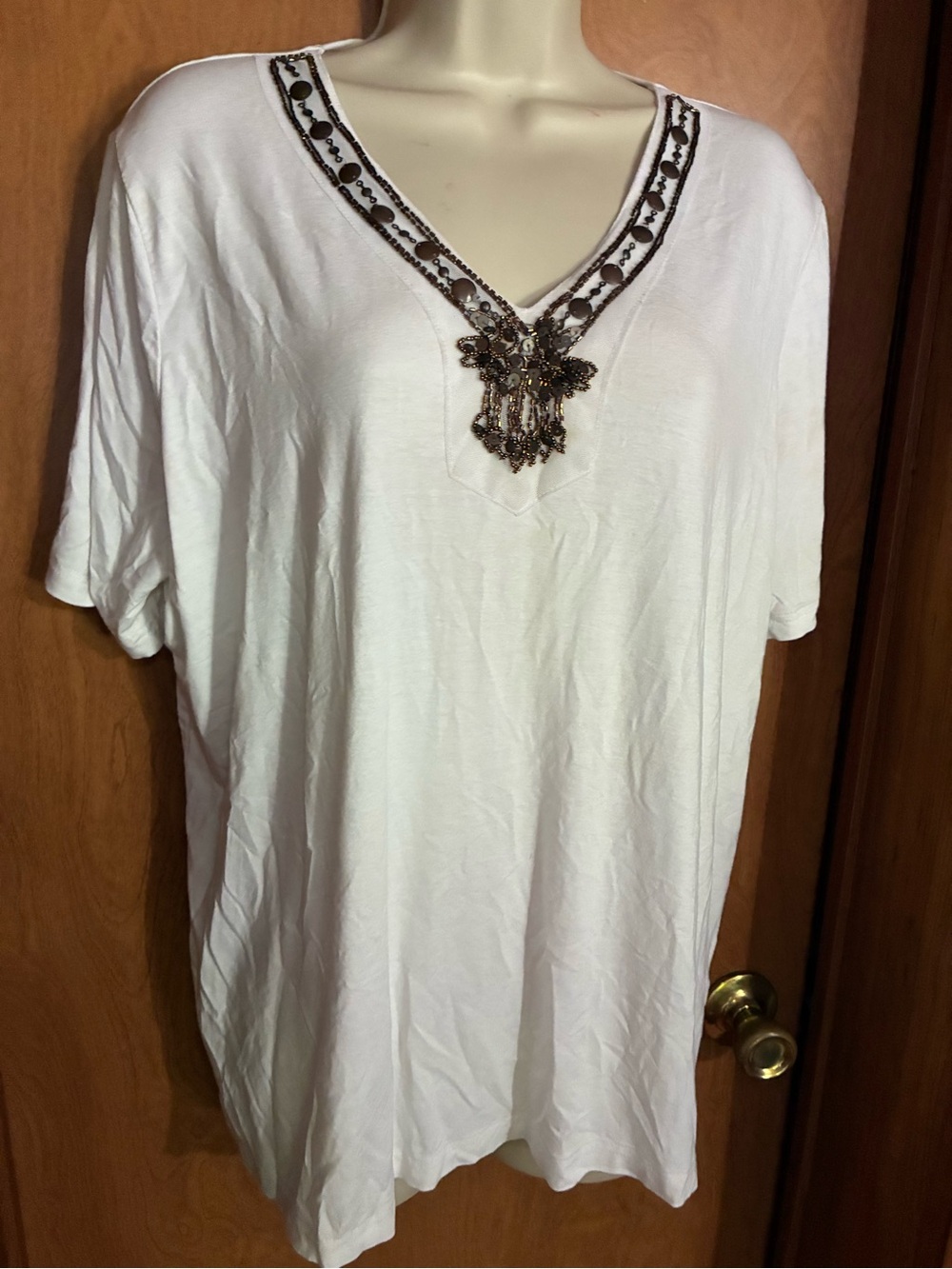 Embellished V-Neck White Women's Top XL